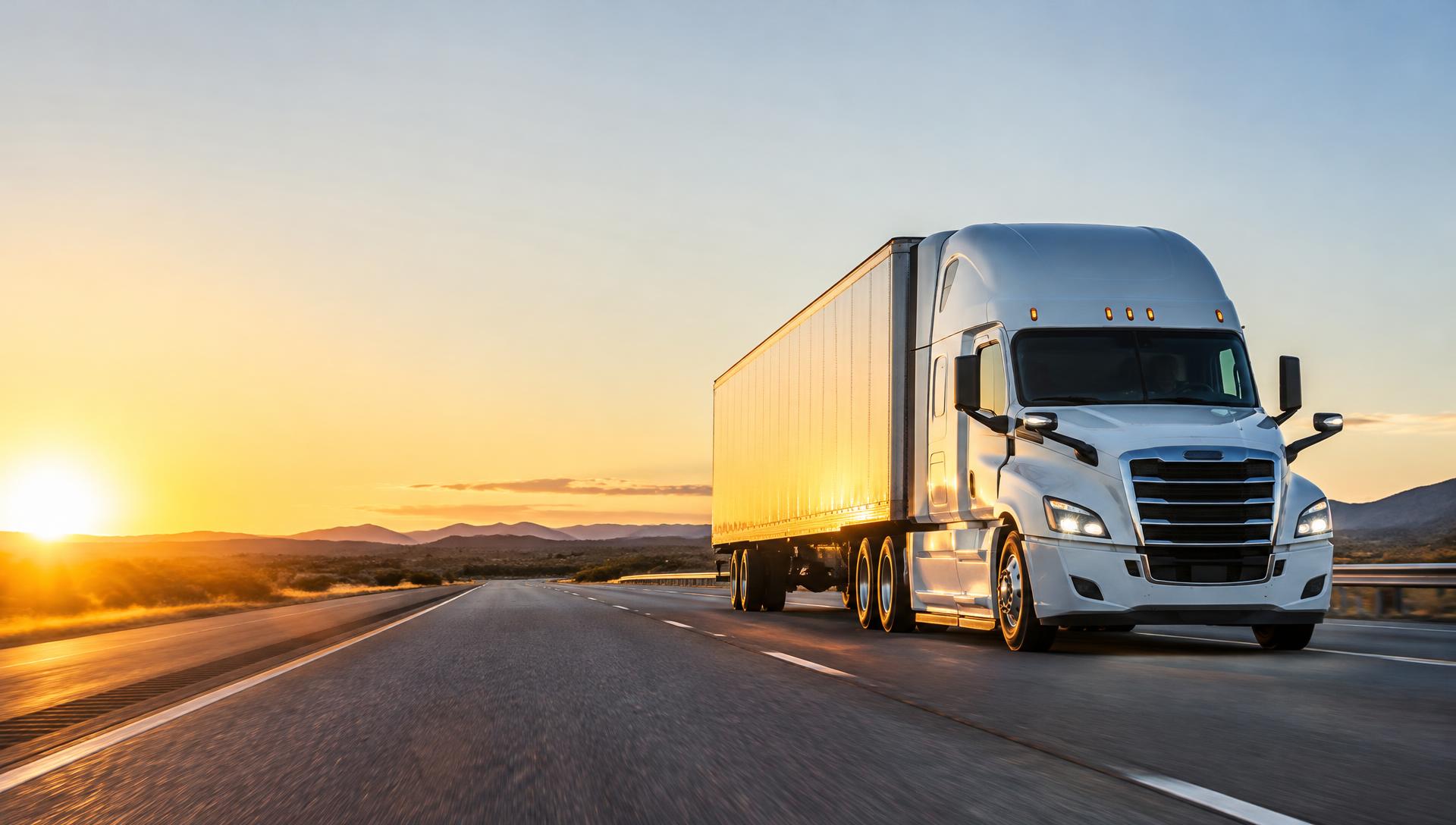 White semi truck on an open highway at sunset
